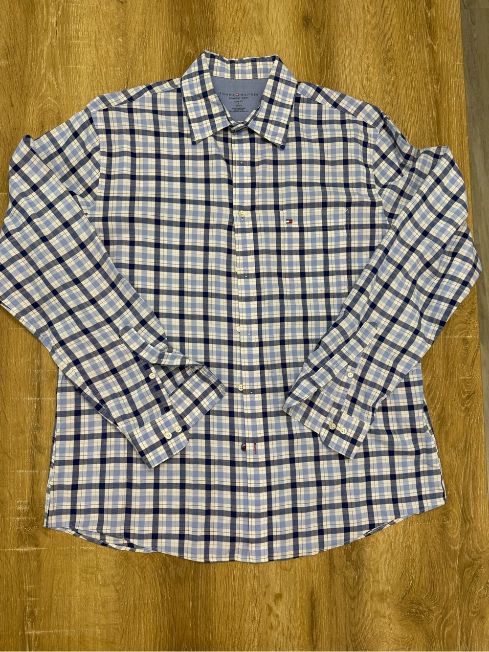 Tommy Hilfiger Men’s White and Blue Plaid Button-Down Shirt